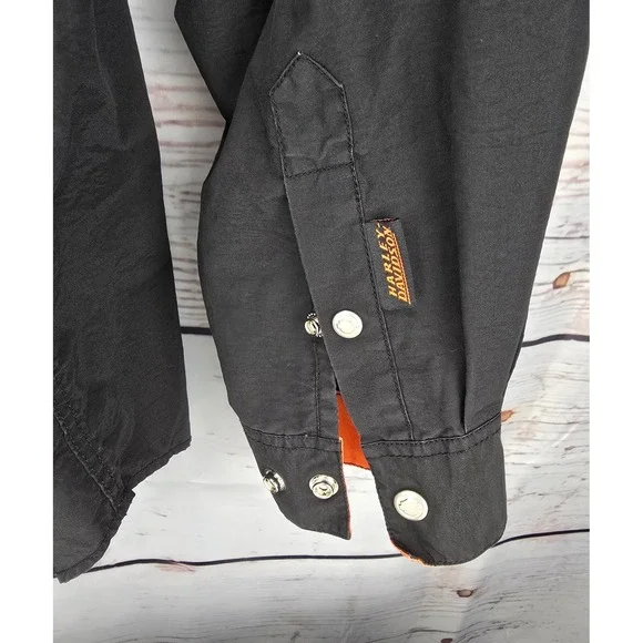Harley Davidson Mens Large Black Orange Snap Front Utility Performance Shirt L - Picture 8 of 9